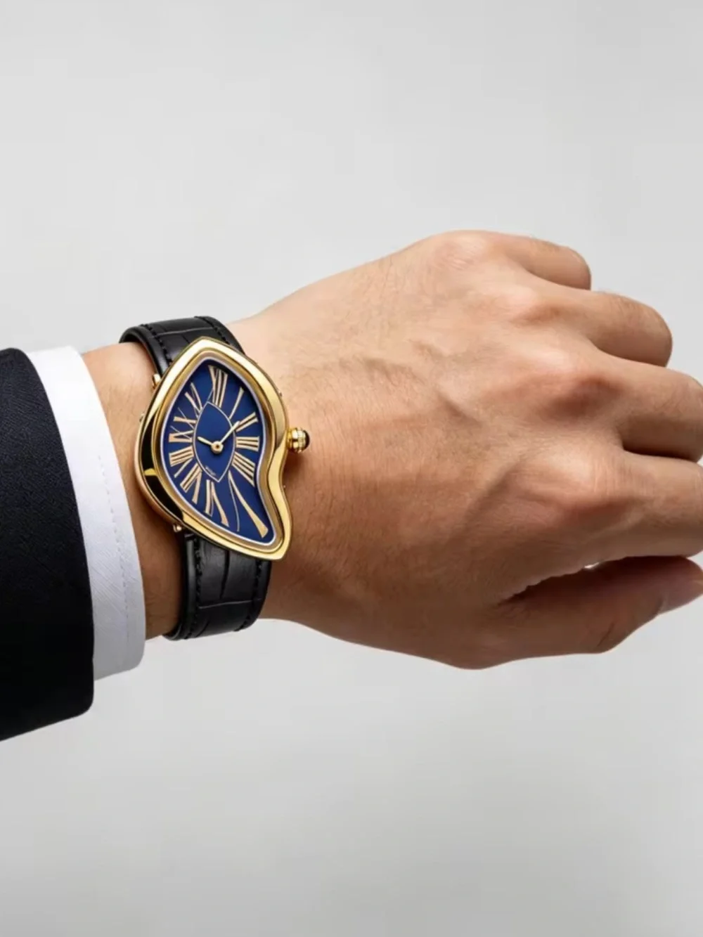 Men's Gold-Tone Blue Dial Irregular Case Leather Strap Watch